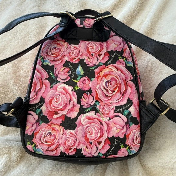 Juicy Couture Mini Backpack Purse Black Pink Roses Floral Studded PVC - Picture 3 of 7